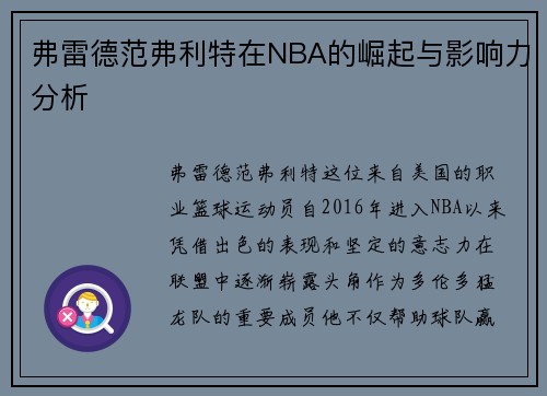 弗雷德范弗利特在NBA的崛起与影响力分析